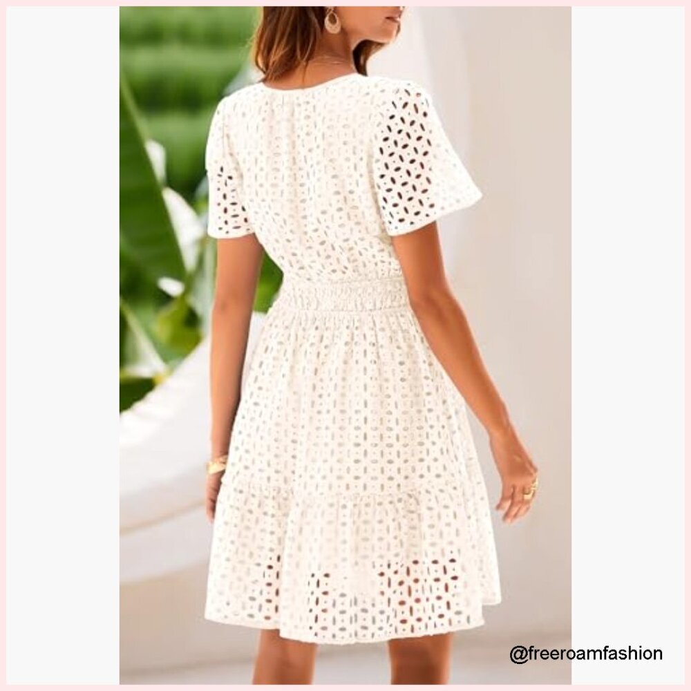 Summer A-Line V-Neck Lace Mini Dress Casual Beach Party - Picture 2 of 7